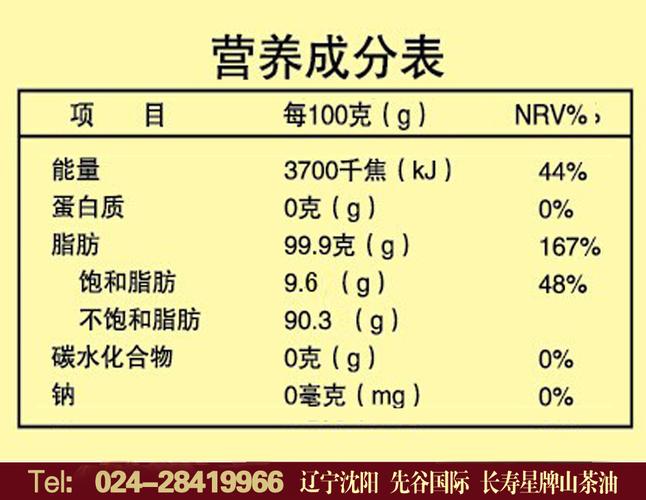 山茶油的营养成分表（山茶油营养成分表标注不全）